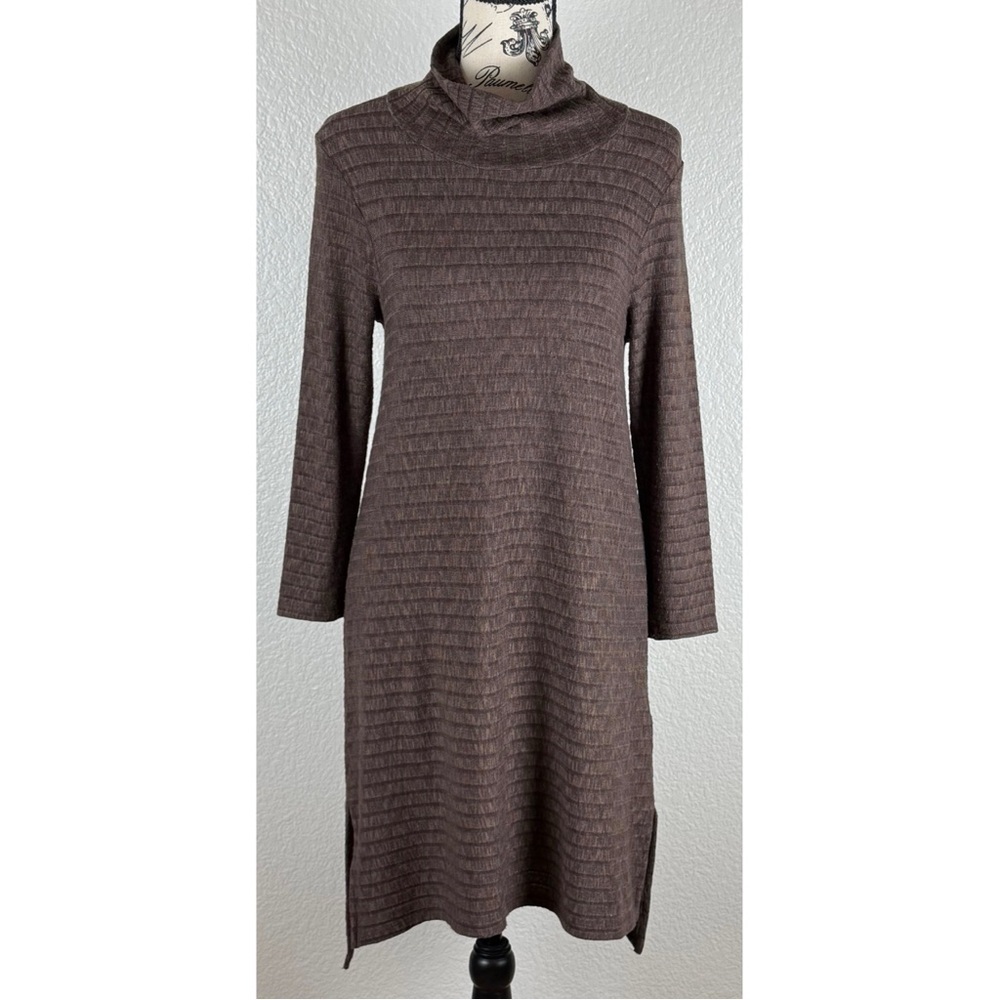 Puella Riibbed Knit Dress Split Side Seam Long Sleeve Cowl Neck Brown Medium